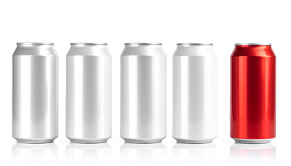 Four silver beverage cans and one red can stand in a row against a white background