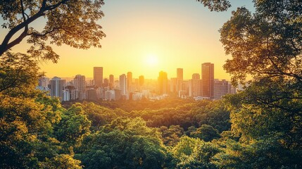 Obraz premium A breathtaking cityscape at sunset, framed by abundant greenery, exemplifying the coexistence of urban life and natural beauty, inspiring feelings of wonder and tranquility.