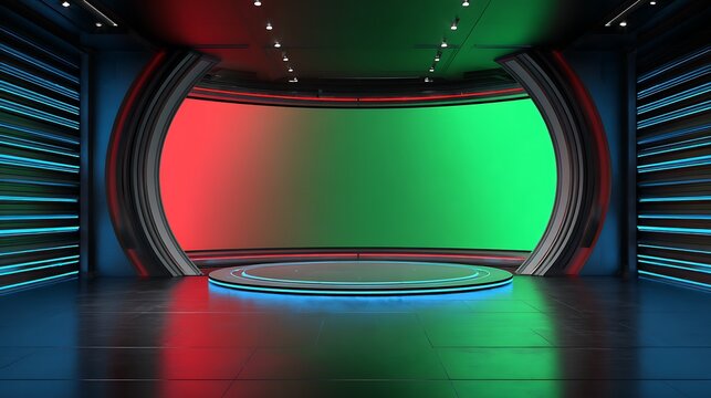 A futuristic television studio with a green screen and colorful lights