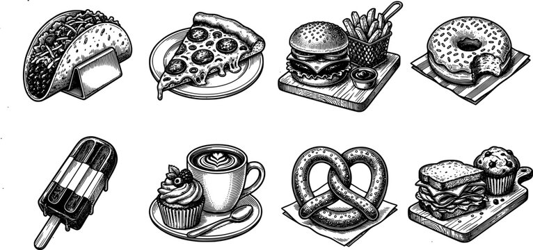 Hand drawn line art food icon set showing taco pizza slice burger fries donut popsicle coffee cupcake pretzel sandwich muffin
