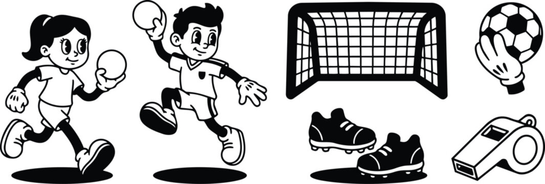 Retro cartoon vector handball players running and throwing ball with goal shoes and whistle in black and white dynamic motion