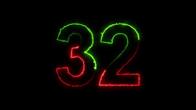 A neon sign displays the number 32 in red and green lights on a dark background in this video