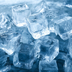 Obraz premium Close up of many crystal clear ice cubes with bubbles inside, glowing in a cool blue light. Refreshing frozen texture background for summer drinks, cocktails and beverages