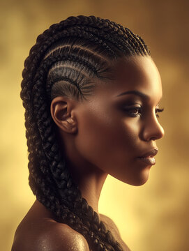 Profile portrait of a young African American woman with creative cornrow braids hairstyle. Elegant protective style with intricate patterns and long black braids on a golden background