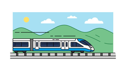Modern train traveling through green hills on a sunny day