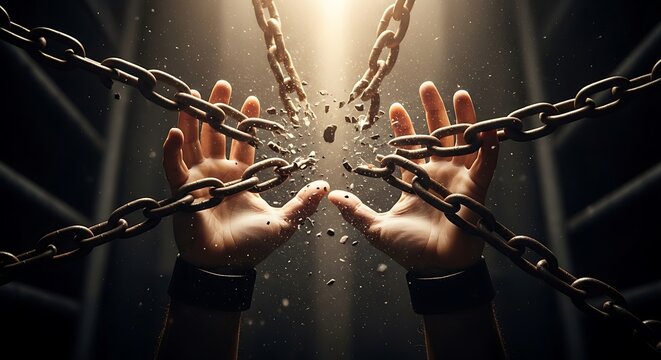 Breaking Free Hands Shaking Off Heavy Chains in Dark Room
