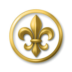 Vector 3d Golden Fleur De Lis Symbol in Round Frame. Elegant Royal Emblem. Classic French Heraldic Icon. Luxury Fleur De Lis Sign. Logo Design, Badge, Noble Decoration, Vintage Ornament © gomolach