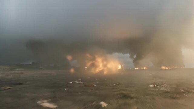 Cinematic top-down aerial view of a ballistic missile flying under dark clouds in a smoky war zone
