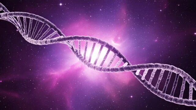 A glowing dna double helix structure on a purple and pink starry background