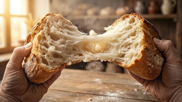Baker Hands Breaking Freshly Baked Sourdough Bread with Rising Steam in Rustic Bakery