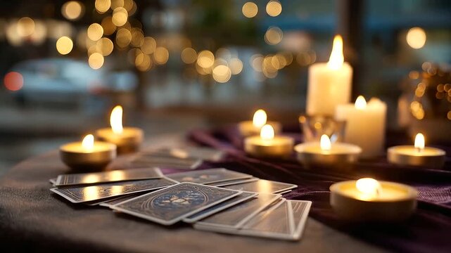 Mystical cards spread on velvet cloth illuminated by burning candles divination ceremony fortune telling ritual spiritual practice atmospheric lighting arranged display