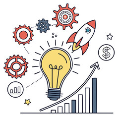 Business launch and growth concept: Rocket taking off from a lightbulb, with gears and upward trending graph symbolizing success and innovation