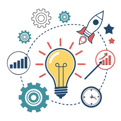 Business innovation and strategy: Rocket and lightbulb with gears, graphs, and clock, illustrating ideas, growth, progress, and time management