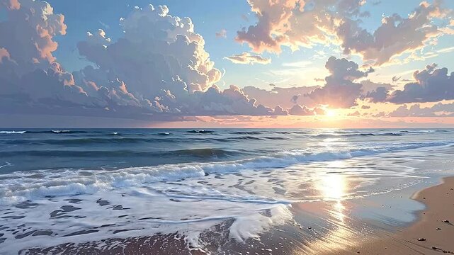 Serene ocean waves gently lap onto a sandy shore at sunset