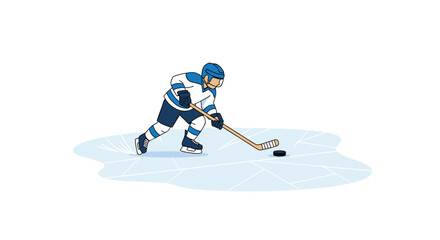 Obraz premium A stylized ice hockey player in a blue and white uniform skates across a cracked ice surface, dribbling a black puck.