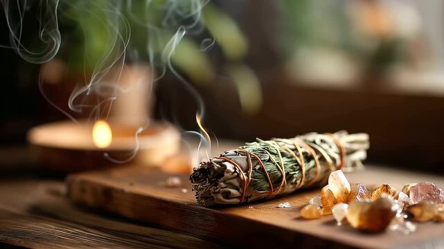 Burning sage smudge stick closeup rising smoke with crystals and herbs calming atmosphere relaxation cleansing ritual spiritual purification aromatherapy practice defocused