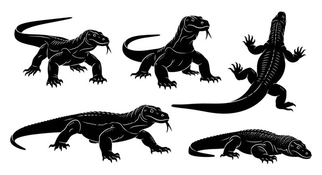 Komodo Dragon Silhouettes Collection: Dynamic Poses of Large Lizards