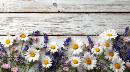 Obraz premium A wildflower shop displays a banner filled with daisies and lavender. Natural light enhances the rustic design appealing to customers.