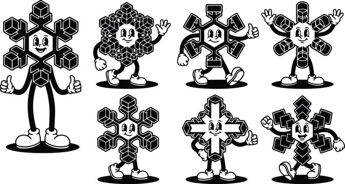 Rubber hose vintage cartoon six snowflake mascot characters with smiling faces waving and walking in bold black and white style