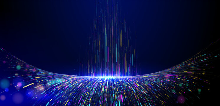 Vertical digital data stream. Abstract multi-color particles. Futuristic network connection for big data, AI, high-speed information flow, server processing and innovation. Upward light burst concept