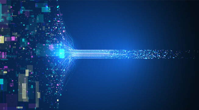 Dynamic digital data flow background. High-speed information stream with abstract particles and pixel blocks. Modern network connection concept for AI business, big data technology, science innovation