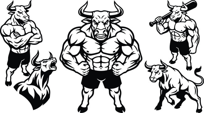 Tattoo flash muscular bull mascot front view flexing arms with clenched fists black and white vector art close up aggressive