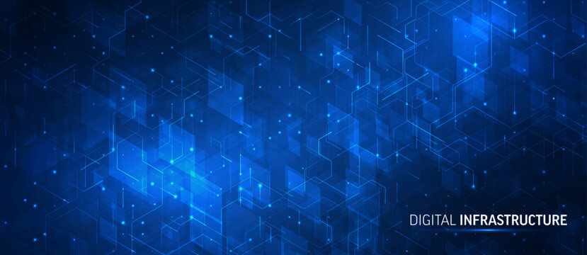 Digital infrastructure network. Isometric platform, cubes connected by lines. Abstract cloud, AI blockchain technology concept. Futuristic blue background. Big data server systems, business innovation