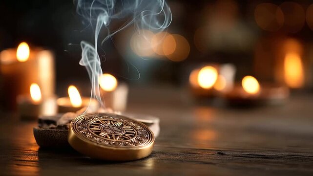 Ancient symbol used in modern spiritual ritual surrounded by burning candles and incense continued cultural relevance harmony practice meditation ceremony atmospheric lighting
