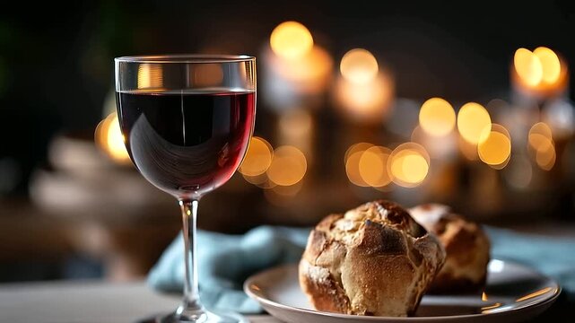 Communion elements with bread and wine simple table arrangement sacred ceremony representation sacrament display spiritual ritual environment religious tradition soft