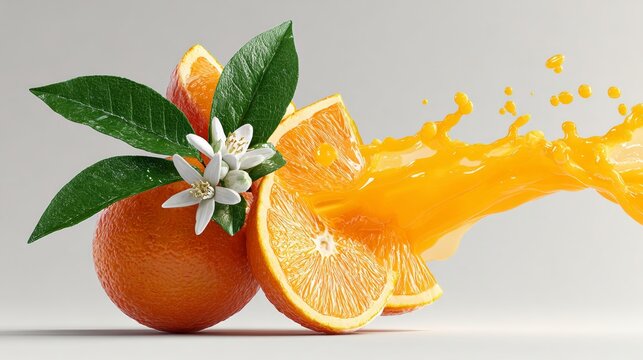 Fresh oranges with green leaves and orange juice splash, showcasing vibrant color contrast against a light gray background for food and beverage imagery
