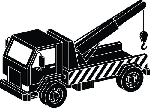 Isometric vector side view tow truck with extended crane hook striped bed high contrast black and white illustration technical icon