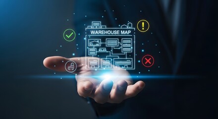 Fototapeta premium Conceptual illustration of a warehouse map with flowchart icons and checks indicating successful process and errors