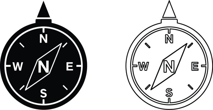 Compass navigation symbols black and white isolated on transparent background, Vector