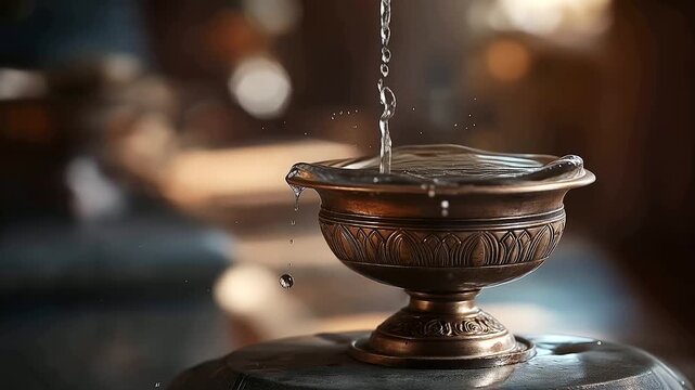 Sacred blessed water in ornate vessel religious purification symbol spiritual cleansing ritual divine sanctity representation faith tradition ceremonial practice soft