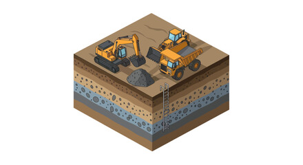 Isometric illustration of construction site with excavator, dump truck, and layered soil strata, depicting excavation and material transport. © Fgyc
