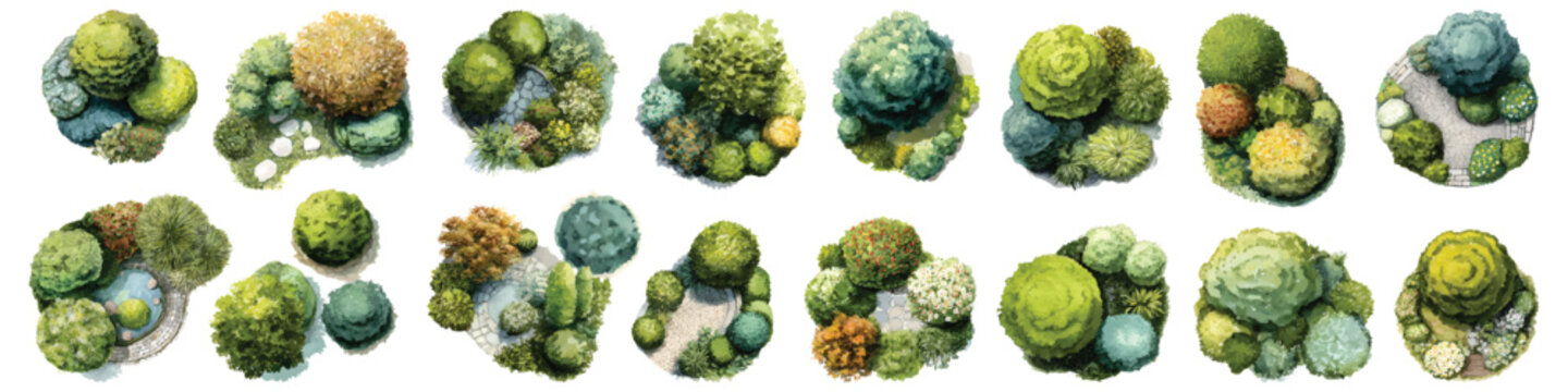 Watercolor set of flower beds bush, top view landscape architectural maps plan, garden layout, isolated on transparent background