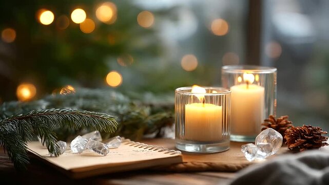 Winter solstice altar with evergreen branches crystals burning candles handwritten intentions renewal meditation ceremony serene seasonal setting peaceful arrangement
