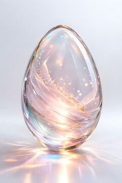 Elegant transparent glass Easter egg glowing with soft pastel light and delicate reflections on a minimal white background, modern luxury spring concept, refined design aesthetic, high-end studio 