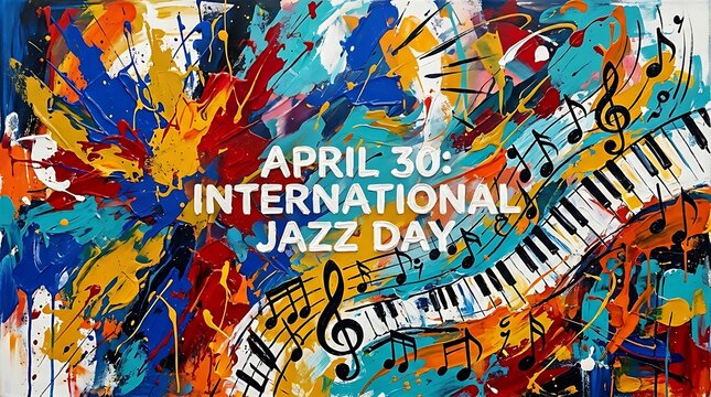 A vibrant abstract painting celebrating International Jazz Day on April 30 with colorful musical notes and piano keys