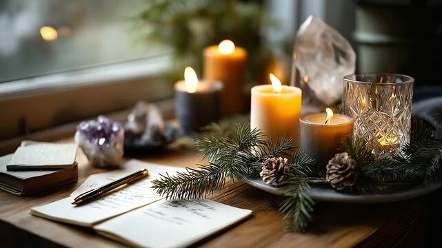 Winter solstice altar with evergreen branches crystals burning candles handwritten intentions renewal meditation ceremony serene seasonal setting peaceful arrangement