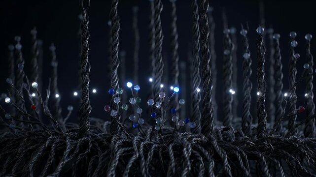 Twisted fibers with colorful illuminated orbs emerge from a dark background