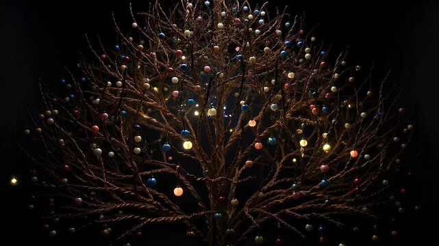 Ornate bare branches adorned with colorful baubles and warm lights against dark background
