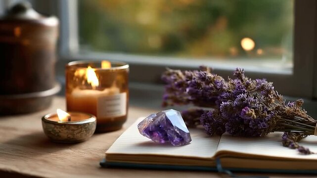 Healing crystals with mindfulness journal burning incense and candle tranquil self care arrangement morning energy ritual journaling practice peaceful reflection light wooden