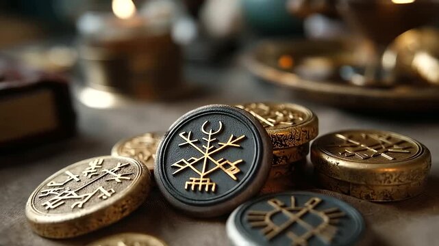 Ancient runic symbols and magical sigils collection mystical meanings display spiritual practice tools esoteric knowledge ceremonial elements historical tradition arranged
