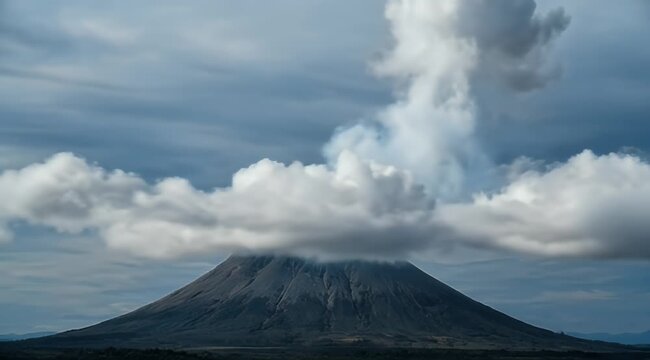 Active volcano erupting smoke plumes into a cloudy sky