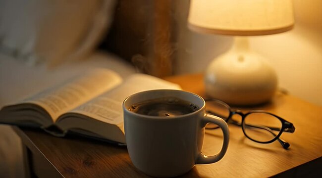 Warm glow illuminates an open book, steaming mug, and glasses on a bedside table