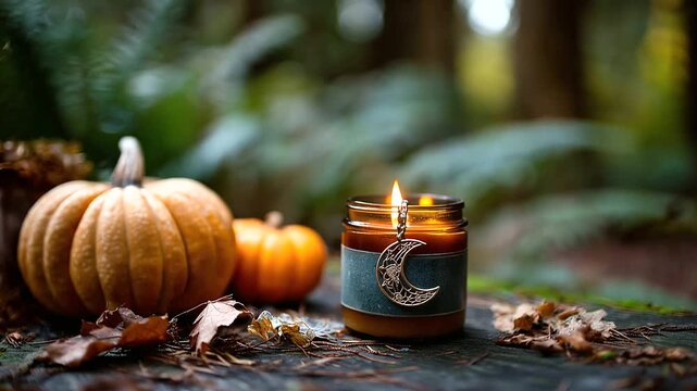 Burning candle with moon amulet and autumn pumpkins forest nature setting seasonal spiritual ceremony magic ritual aesthetic harvest celebration esoteric practice defocused