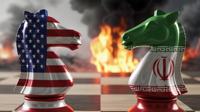 Chess knights decorated with national flags of USA and Iran facing each other on chessboard. Geopolitical confrontation and nuclear conflict tension concept.