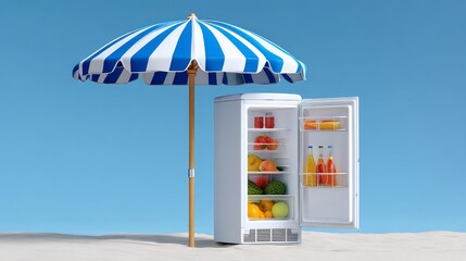 Fototapeta premium Refrigerator with open door displaying colorful beverages and fruits under a blue and white striped beach umbrella on a sandy beach against a clear blue sky