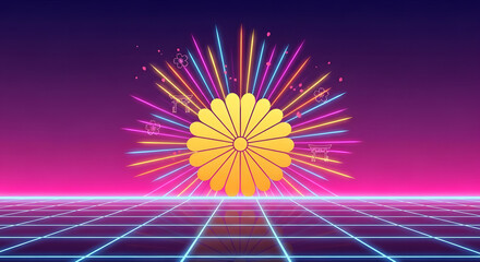 Vibrant neon flower burst in futuristic grid landscape with cherry blossoms